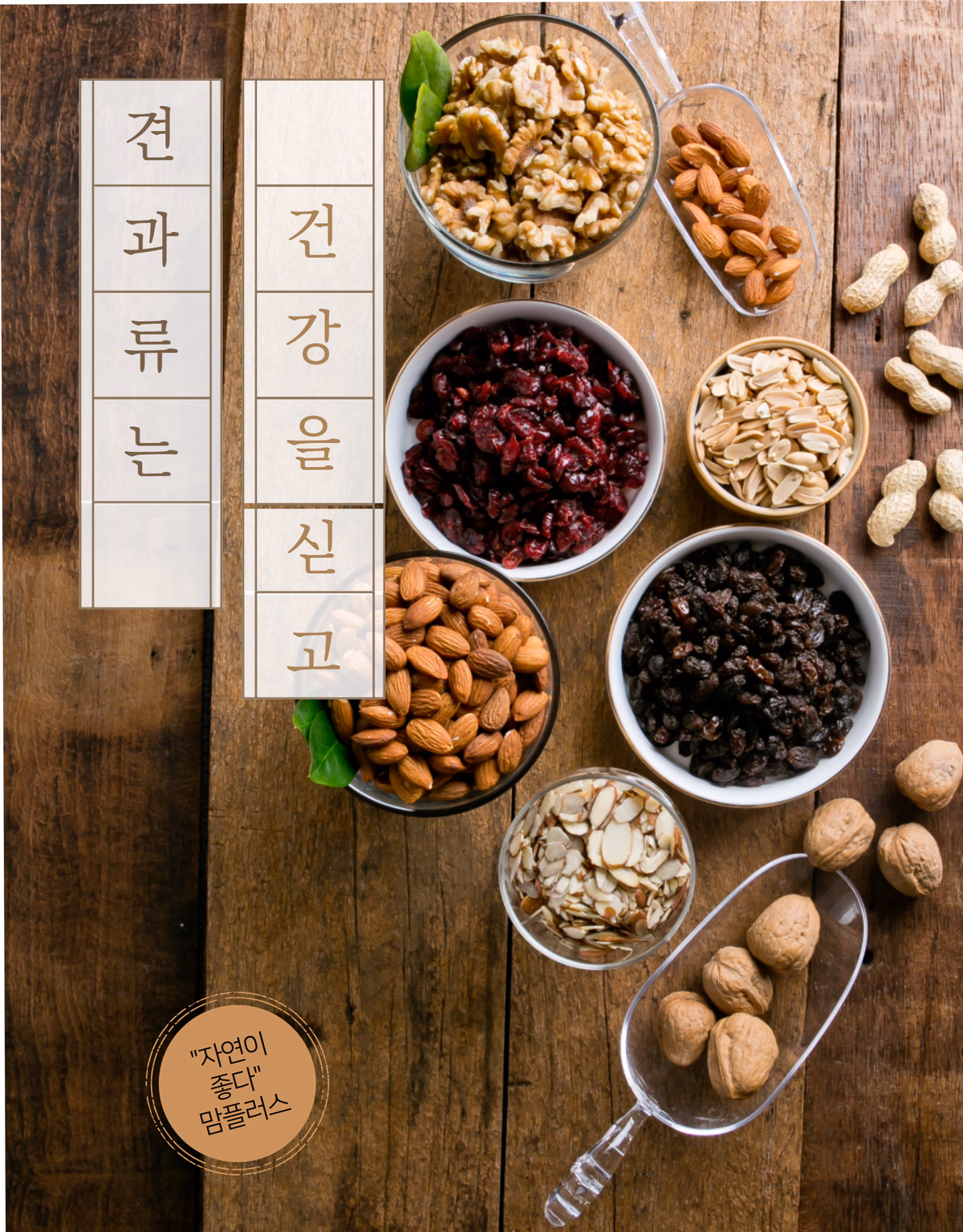 건과일 견과류 7종 전체 라인업 탑뷰 — 각각 소형 그릇에 담아 나무 테이블 배치