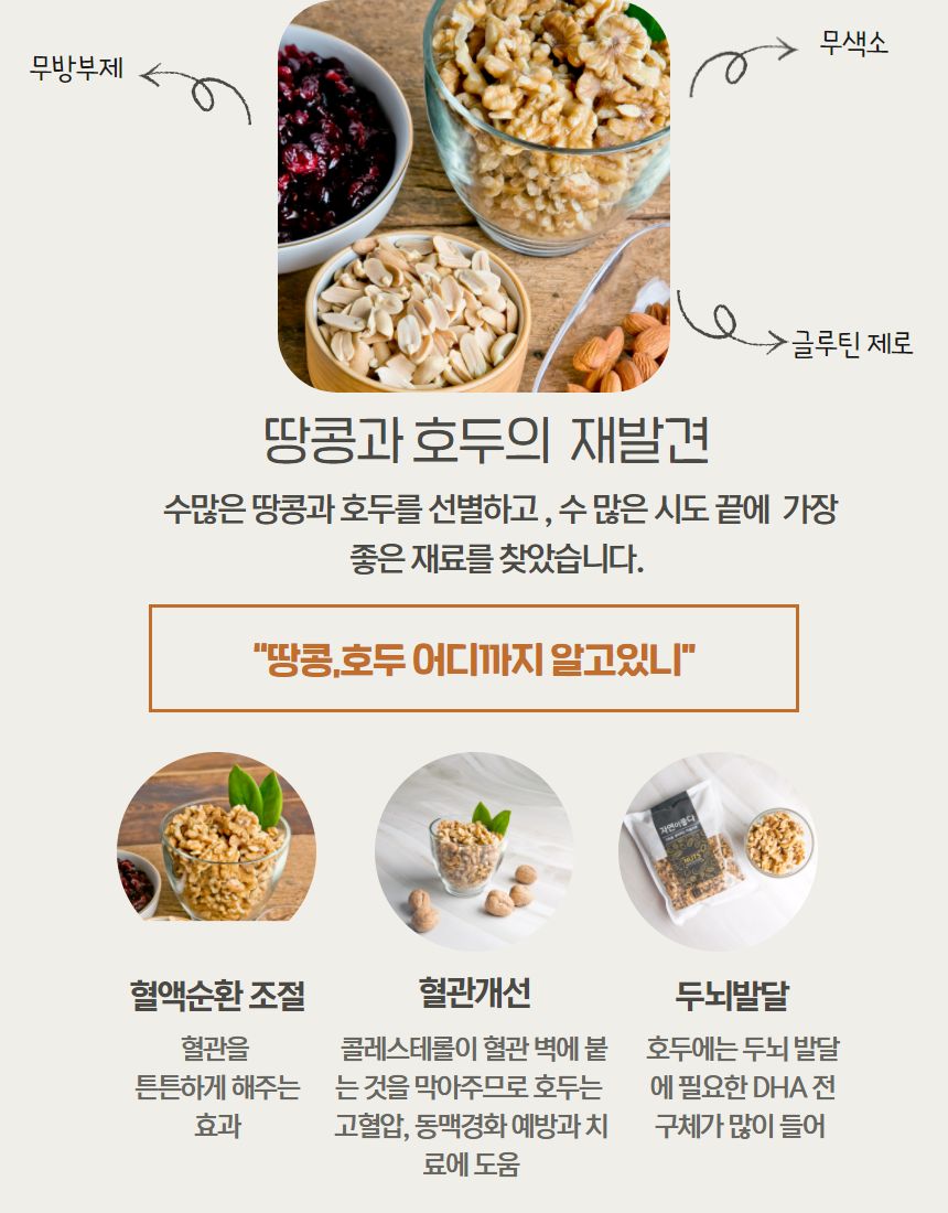 맘플러스 브랜드 철학 — 회사 소개 텍스트와 견과류 구성 상세컷